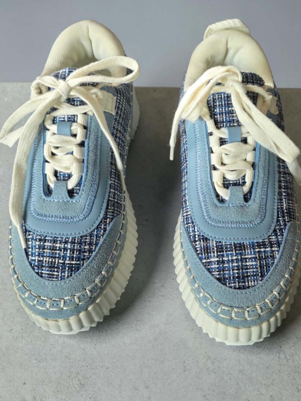 EUC CORKY's ( 8 ) HEY GIRL ADVENTURE Blue/Off White Tweed Platform Tennis Shoe - Picture 2 of 12
